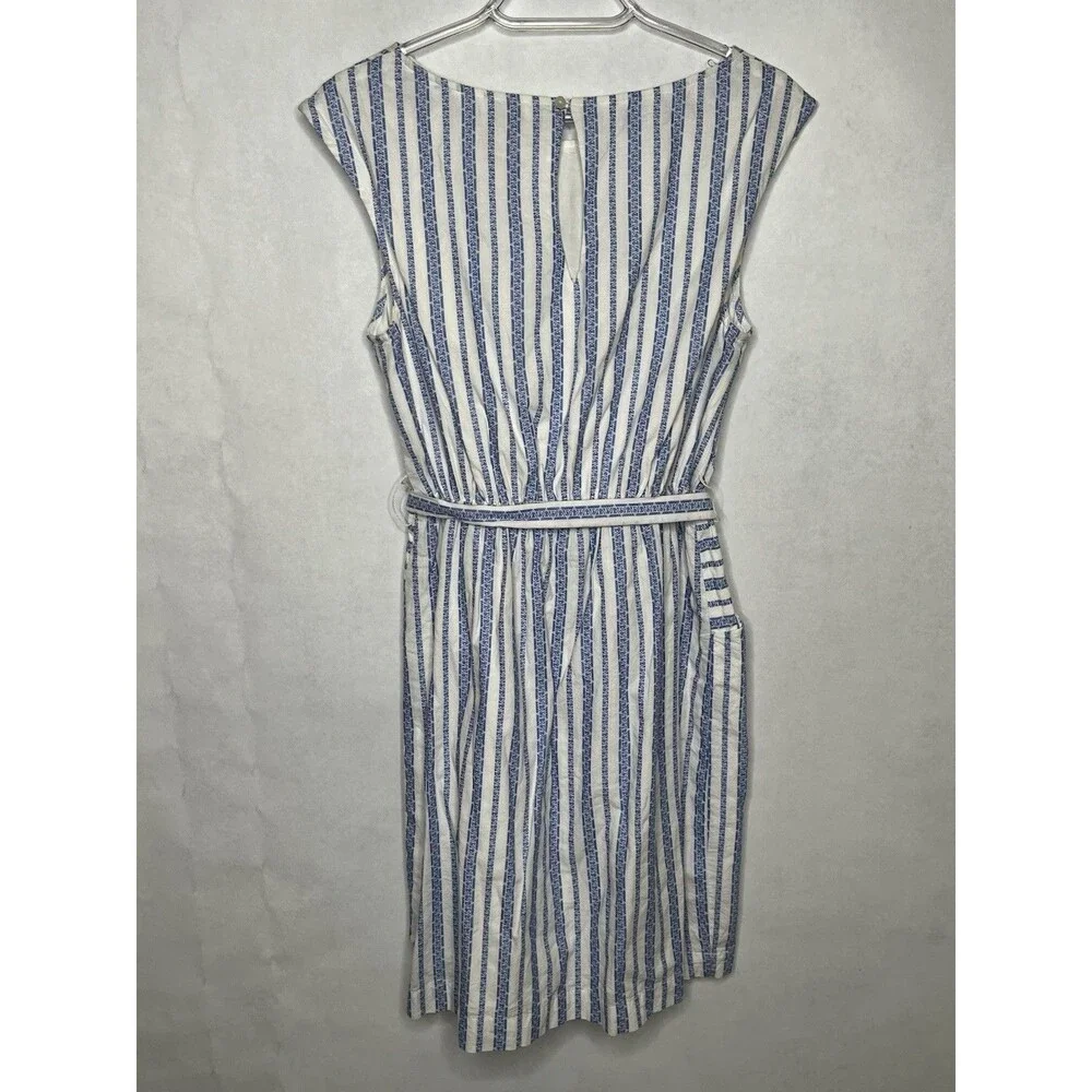 Merona Dress Women Size Small Blue White Striped Belted Pockets Cap Sleeve